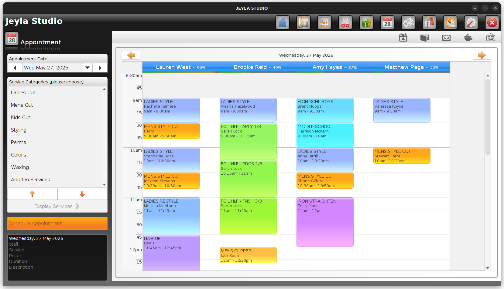 Jeyla Studio salon software - appointment calendar screen