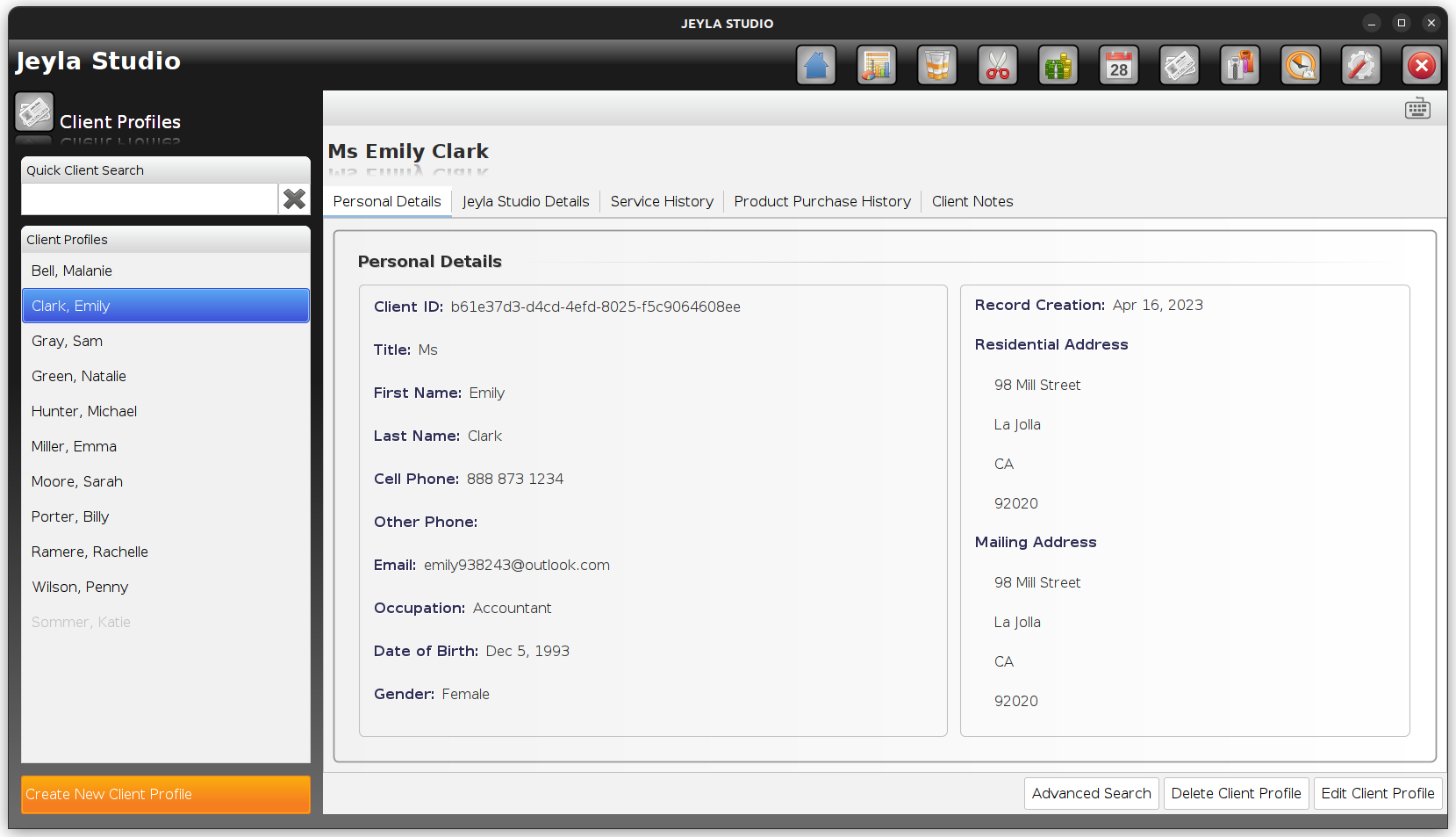 Jeyla Studio salon software - client profiles screen