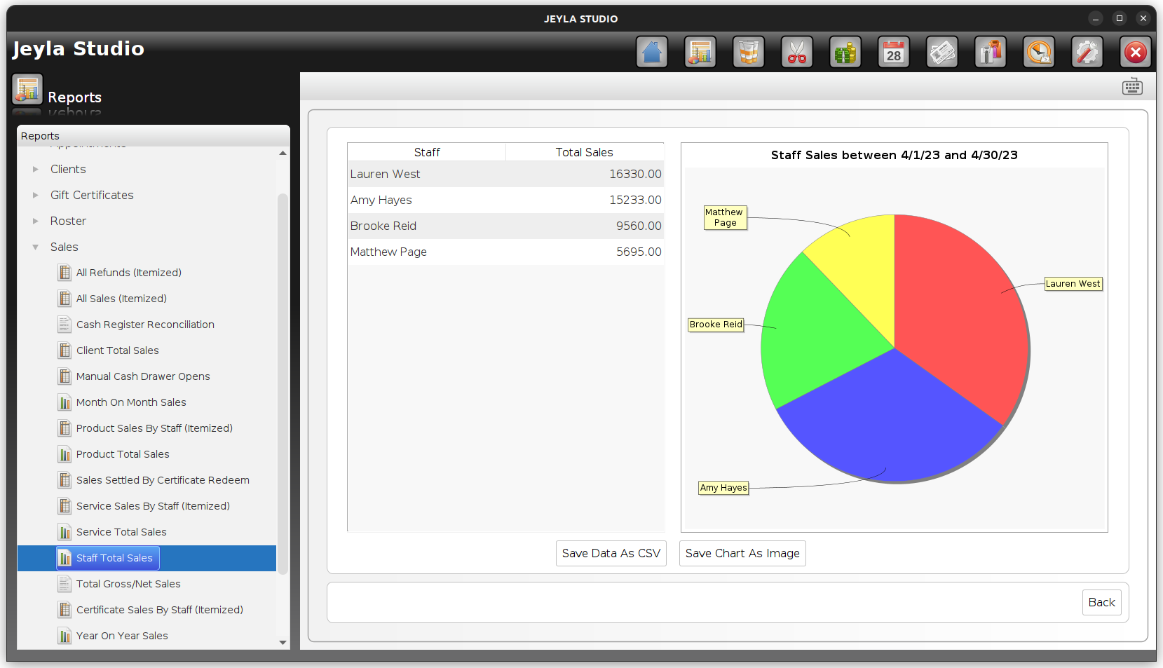 Jeyla Studio salon software - reports screen