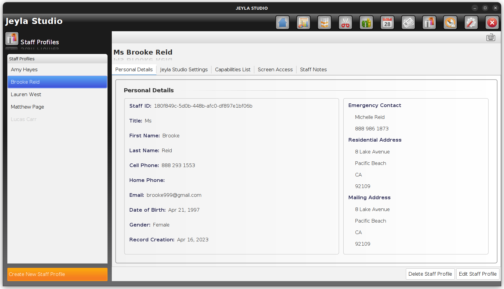 Jeyla Studio salon software - staff profiles screen